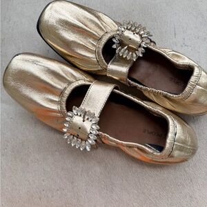 Free People Shimmery Gold Ballet Flats with Rhinestone Strap